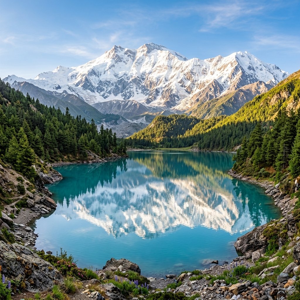 Ultra crisp crystal clear Himalayan alpine lake and snow-capped peaks