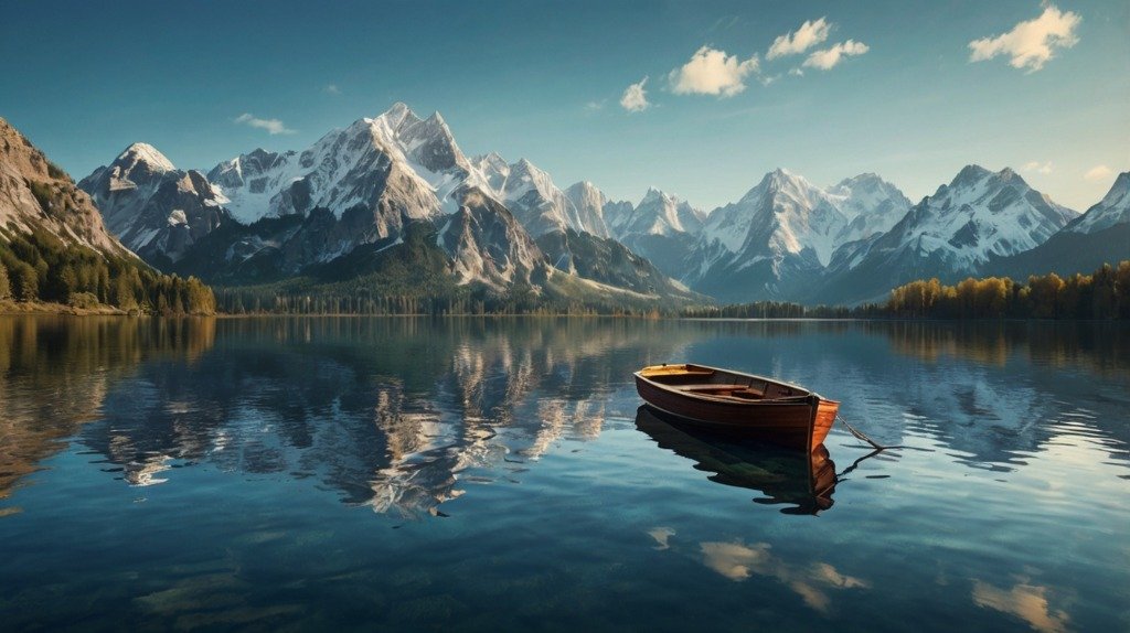 Calm alpine lake with reflection of snowy peaks and wooden boat